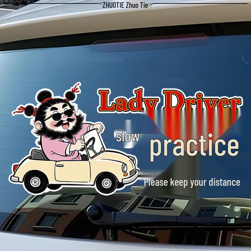 Funny New Driver Caution Sticker: Beginner Female Driver - Keep Safe Distance, Reflective & Waterproof for Rear Windshield