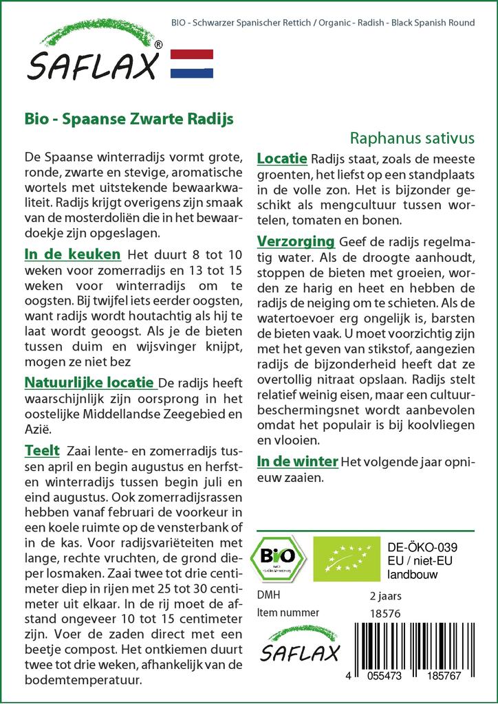 SAFLAX Garden In the Bag - Organic - Radish - Black Spanish Round - 100 Seeds - With Substrate In a Fitting Stand Up Bag - Raphanus Sativus