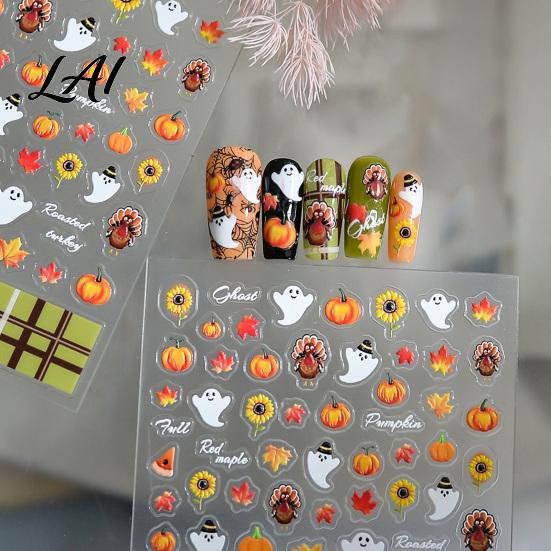 Fall Themed Nail Accessories Art Stickers for Halloween Thanksgiving Autumn Turkey Pumpkin Maple Wearable Manicure Leaf Sticker Embossed Waterproof