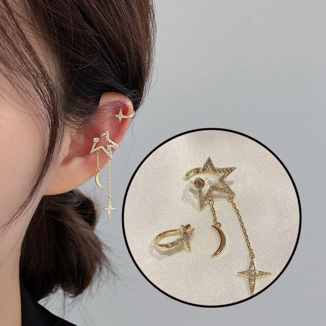 

Latest Women Voguish Stylish Zircon Stone Crystalline Moon Star Clip Earrings Minimalist Minimalist Fake Cartilage Long Tassel Ear Cuff JewelryFashion