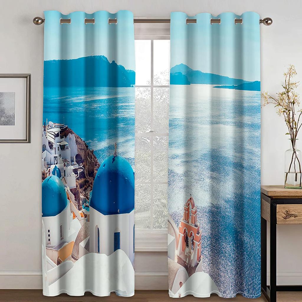 Vacation Style High Shading Curtain Aegean Sea Santorini Island Beach Blackout Curtains for Bedroom Living Room Hotel Window