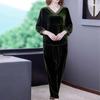 2pcs Pants Suits Autumn Retro Women's V Neck Plus-size Velvet Blouse High-waist Velvet Harem Pants Two-piece Set