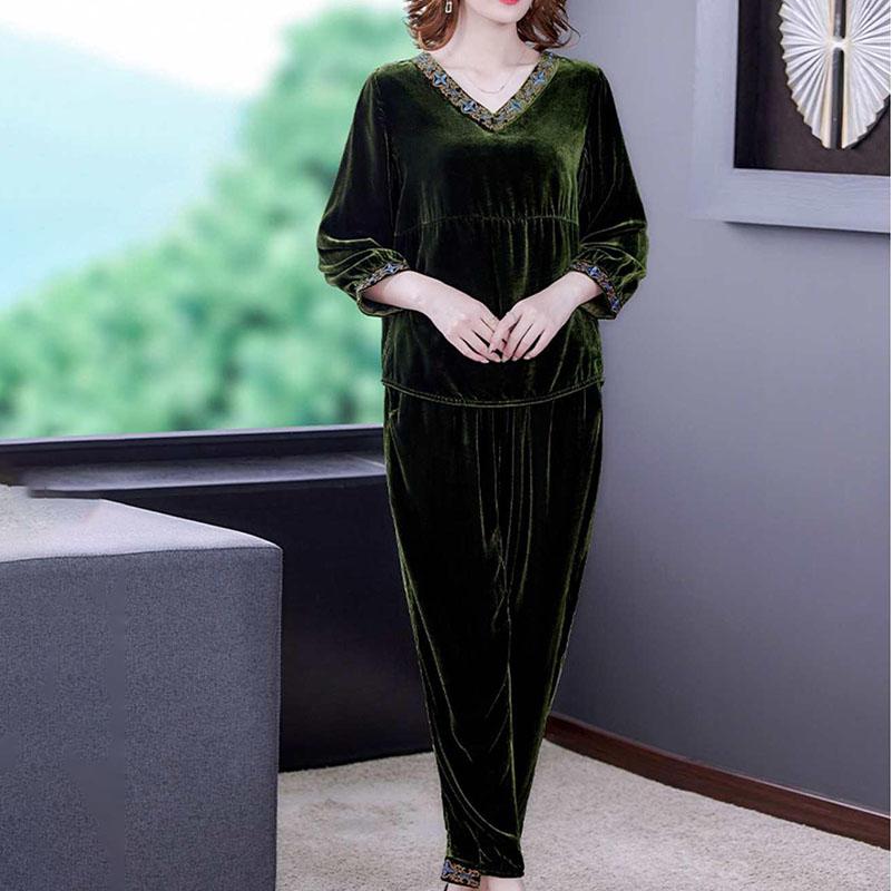 2pcs Pants Suits Autumn Retro Women's V Neck Plus-size Velvet Blouse High-waist Velvet Harem Pants Two-piece Set