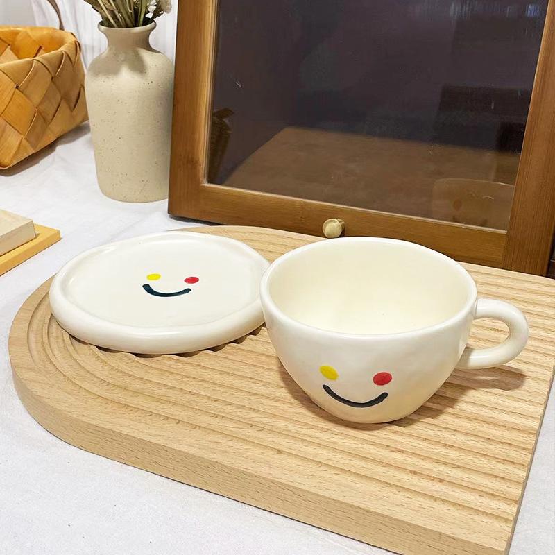 Smiley face cup and saucer set Office coffee cup Girls afternoon tea drinking water ceramic cup
