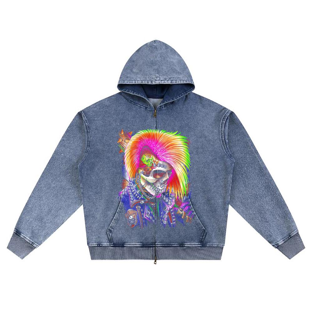 DTG Print Knitted Denim Zip-Up Hoodie Calavera Punk Brother Print Zipper Hoodies  