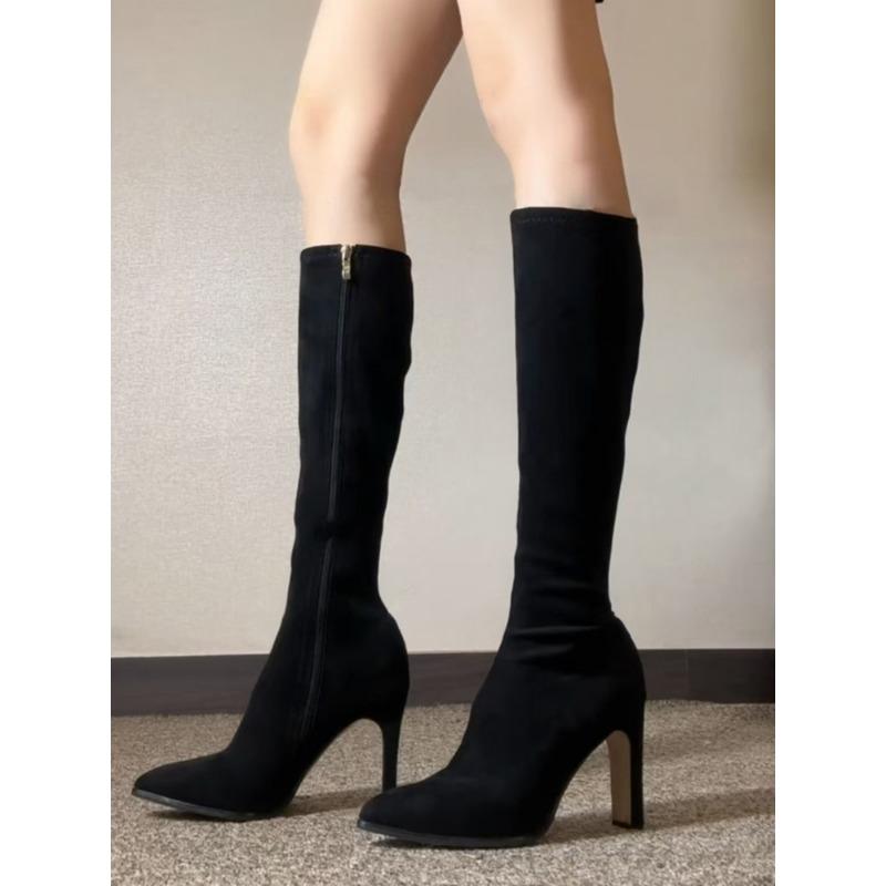 Nude High-heeled Boots Children's Autumn and Winter New Models But Knee Elastic Thin Boots Pointed Thick-heeled Boots
