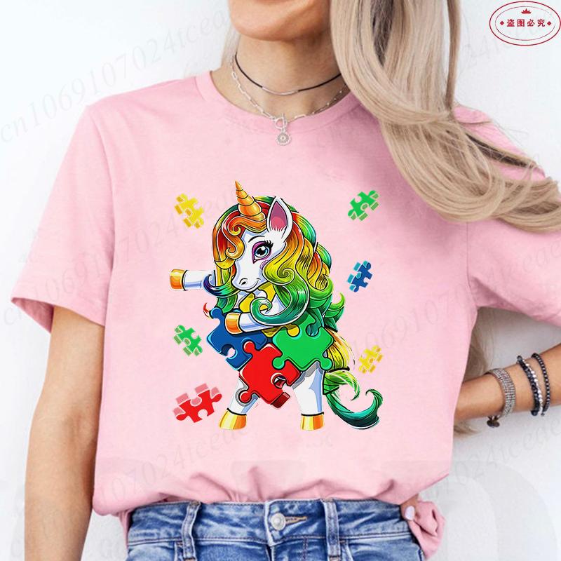 Autism Awareness TShirt for Unisex Clothing Summer O Neck Short Sleeve Tees Shirt Awareness Month Unicorn Graphic Y2k Tops