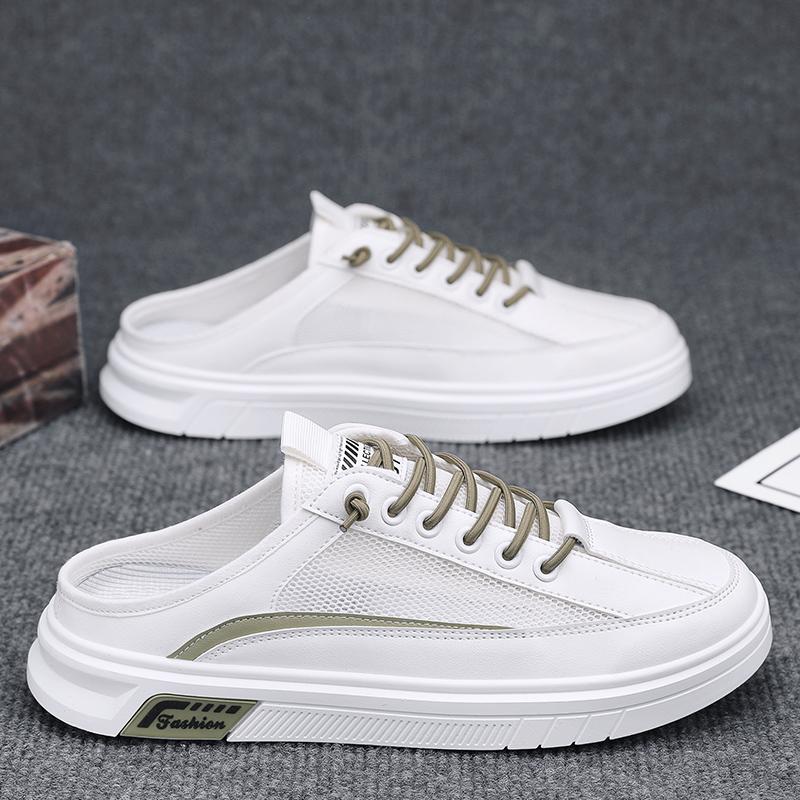 2025 Half Shoes For Men Mules Sandals Flat Summer Backless Loafers Slippers Man Slides Lace Up Mens Semi-Drag Casual Board Shoes