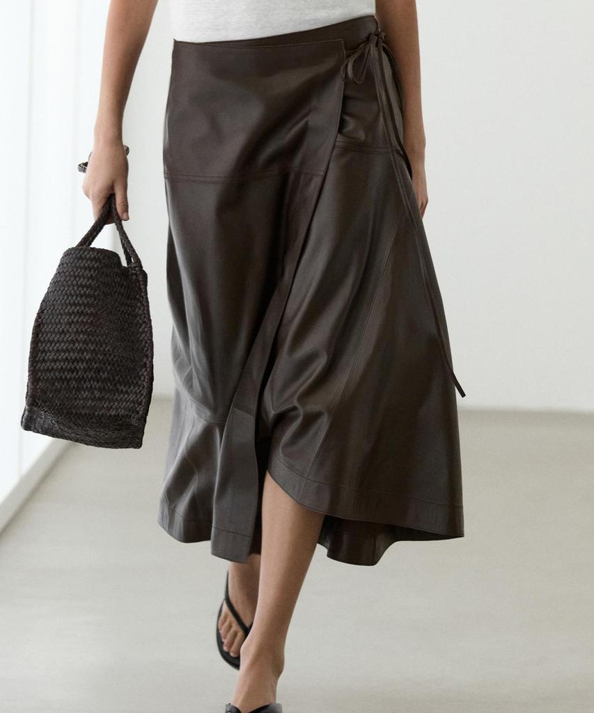 Masimodutti Napa Leather Bow Detail Midi Skirt