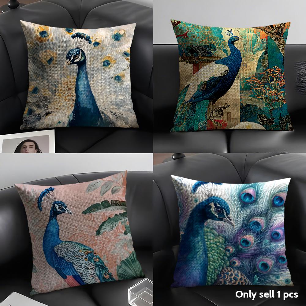 Peacock Luxury Cushion Cover Natural Linen Organic Fabric Double-Sided Printing Sofa Home Decor Gift Pillow Case