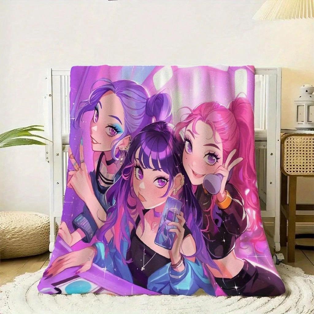 1pc Cute Anime Girls Flannel Blanket, 2D Print Flannel Throw, Purple Pink Kawaii Anime Blanket for Bedroom Living Room Camping,