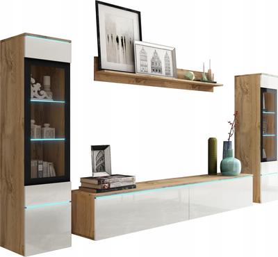 TV Wall Unit 180cm for the Living Room, 2 Display Cabinets and a Shelf, Wotan / White Gloss