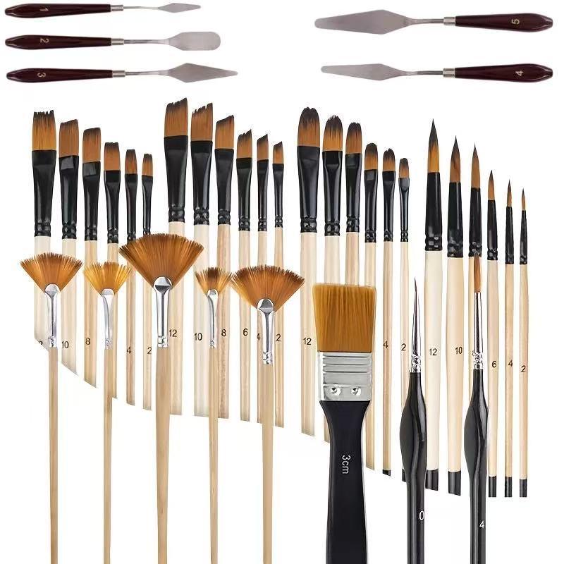 32-Piece Wooden Handle Art Brush Set: Nylon Bristles for Watercolor and Oil Painting