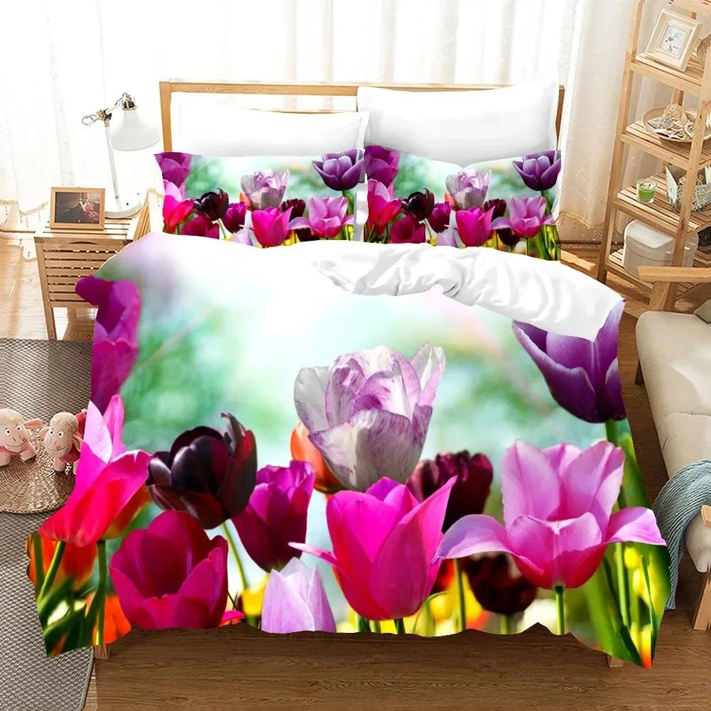 Fiori Tulipano Rosa Paesaggio Elegante Set Biancheria da Letto Singolo Gemello Matrimoniale Queen King Cal King Size Letto Set in Lino