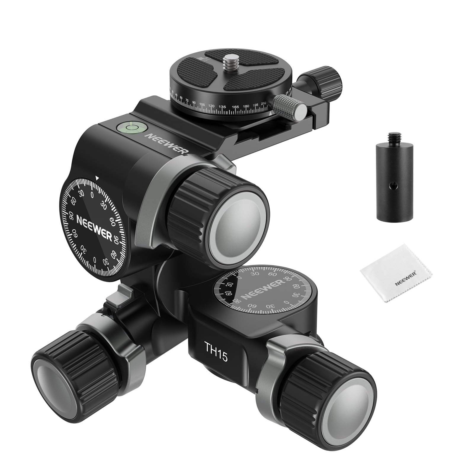 

NEEWER Tripod Geared Tripod Aluminum Adjustment Mode Fine QR Cloth Maximum Load TH15 3-Way Head, Head, Alloy, 3-Axis Pan/Tilt Head, Large/Fine