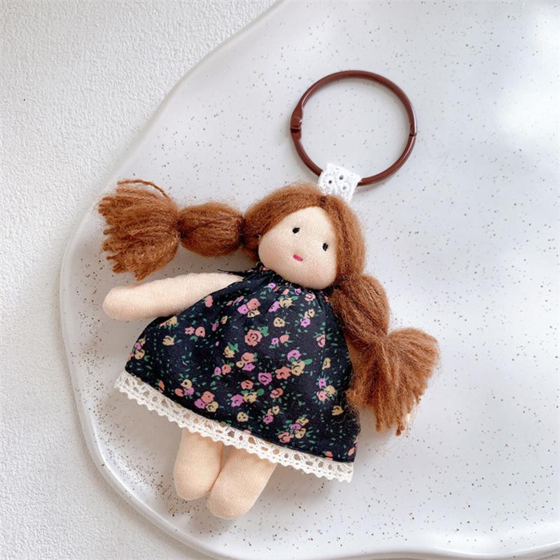 Cute Cartoon Doll In Floral Dress Keychain For Woman Girls Pendant Bag Decor Braid Accessory Fabric Toy Keyring Decoration