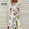 Women's Summer Short Sleeve Dress Casual Floral Print Round Neck Midi Dress with Pockets Flowy A-line Beach Sundress