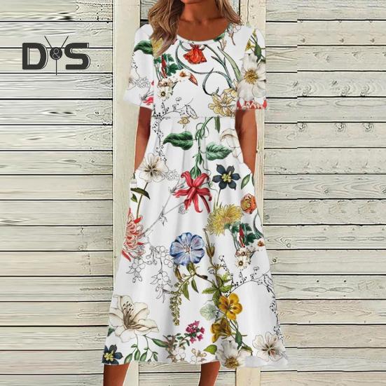 Women's Summer Short Sleeve Dress Casual Floral Print Round Neck Midi Dress with Pockets Flowy A-line Beach Sundress