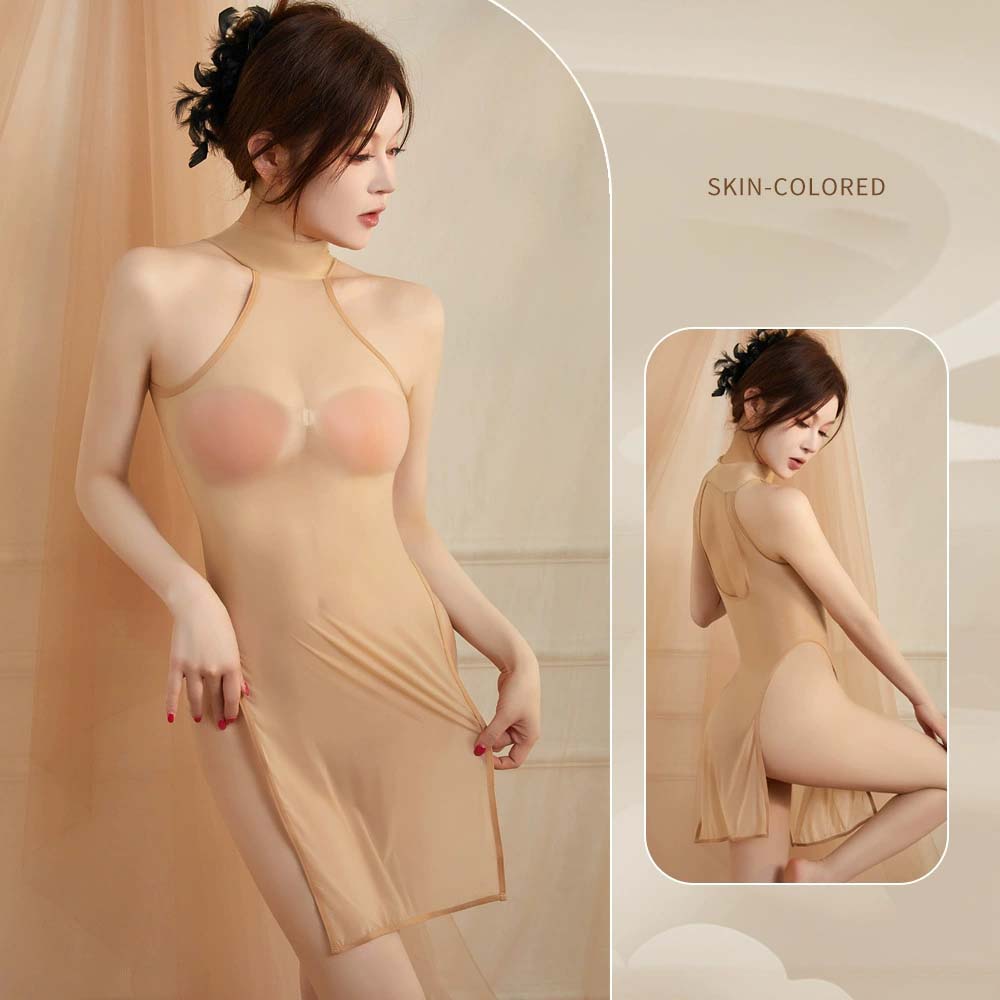Halter Backless High Slit Mini Dresses For Women Ultrathin Sheer Woman Sleeveless Shaping Nightclub Sexy Elastic Dresses