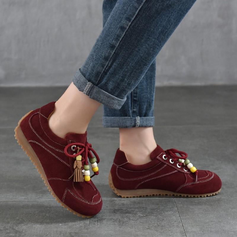 Johnature Retro Flats With Beaded Genuine Leather Lace-up Soft Soled Lightweight Women's Shoes