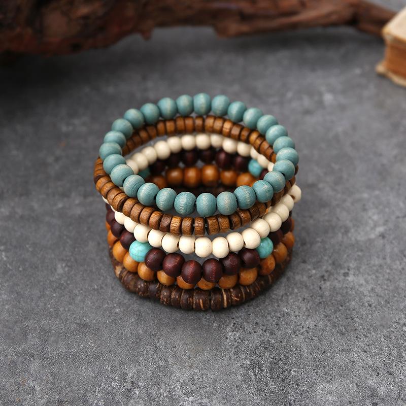Handmade Beaded Bracelet Men Vintage Multi-Layer Elastic Cord Coconut Wood Beads Adjustable Buddhist Prayer Mala Jewelry Gift