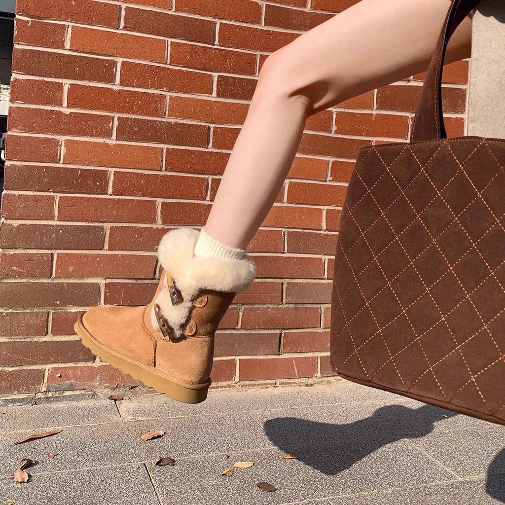 Women's cow horn buckle fashion lightweight soft sole winter warm fur one snow boots padded lining non-slip casual sports cotton boots