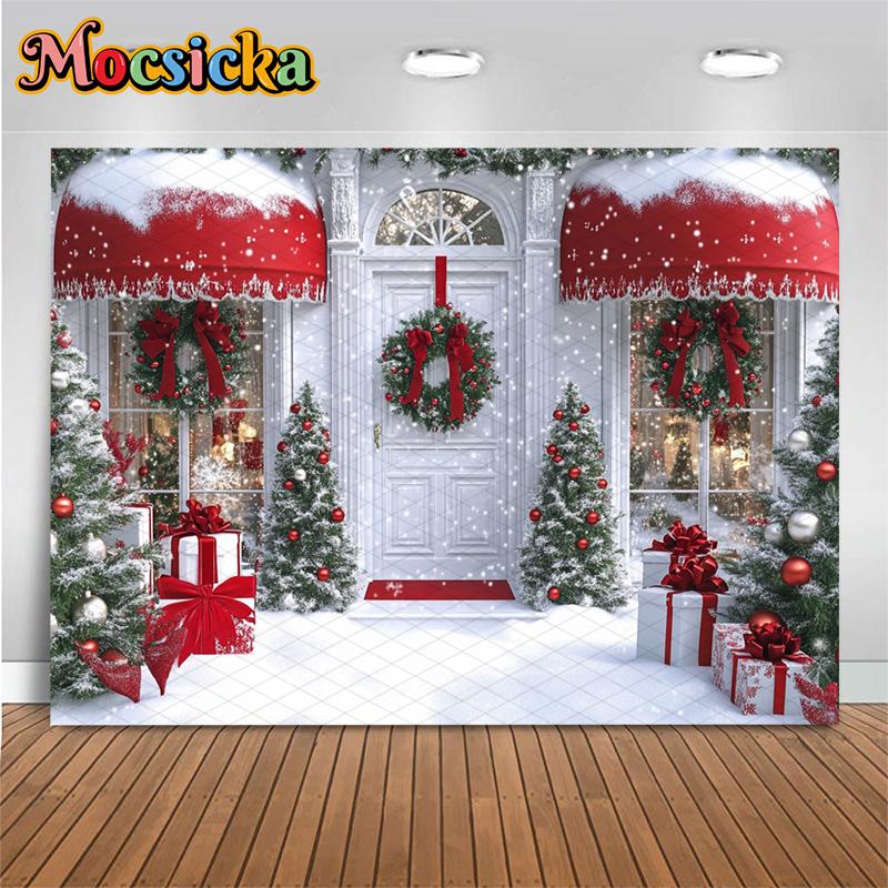 Mocsicka Christmas White House Backgrounds Photography Snow Family Party Photo Backdrops Red Bow Green Wreath Tree Decors Banner
