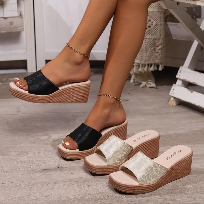 Square head printed thick-soled muffin, foreign trade one-pedal Roman shoes for women's summer new large-size outer wear cool slippers