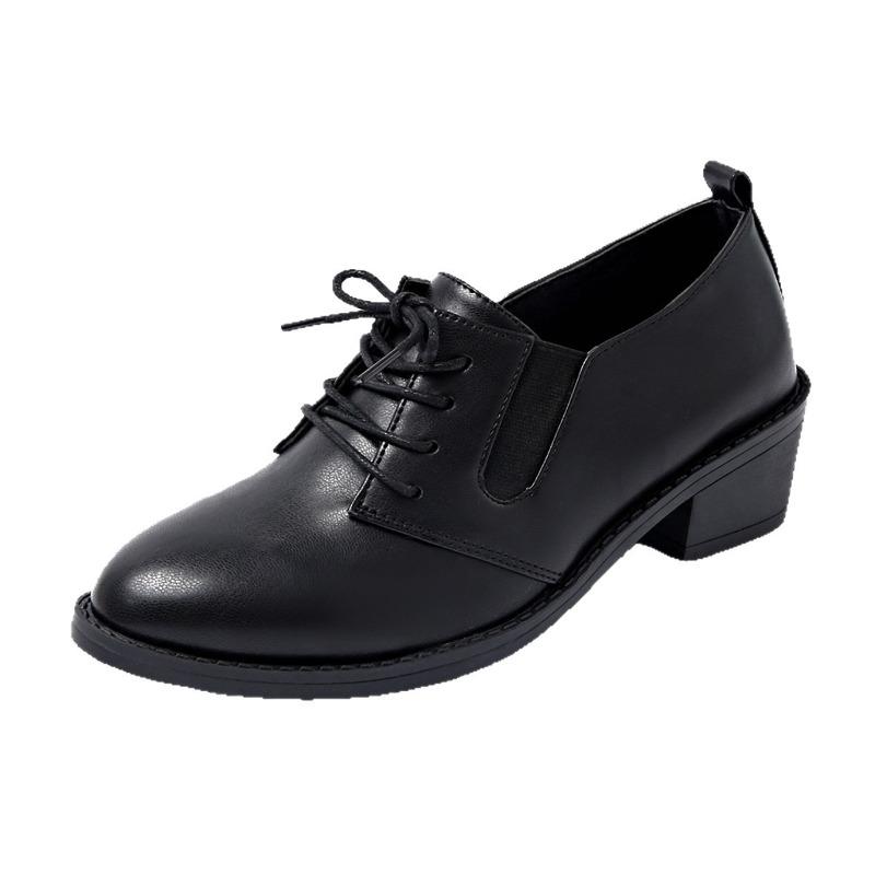 Fall 2025 New Thick-heeled Low-top Single Shoes Women's Plus-size Lace-up Retro Leather Shoes