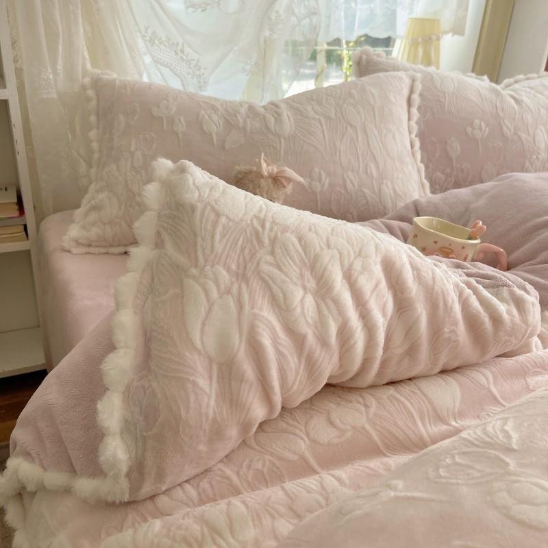 2026 Korean Winter Milk Fleece Bedding Set High Weight Warm Thick Ruffled Trim 4-Piece