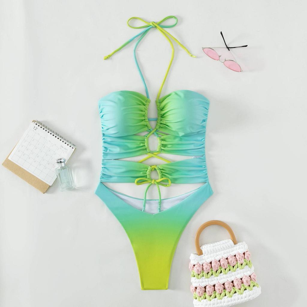 Damen-Bikini-Set mit Neckholder, aushöhlen, Farbverlauf, einteilig, für Damen, Ausschnitt, Schnür-Badeanzug