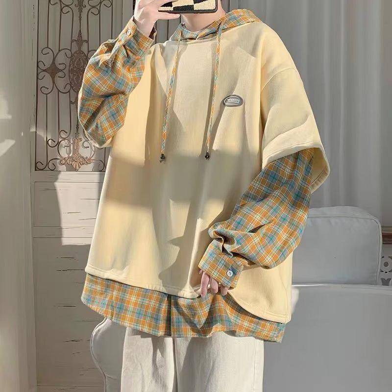 Men's Hoodie Plaid Patchwork Jacket - Spring & Autumn Lazy Style