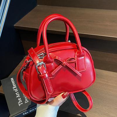 Hot Sale Premium Textured Oil Wax Leather Hand Carry Bowling Bag Niche Fashion Bow Versatile Messenger Women's Bag