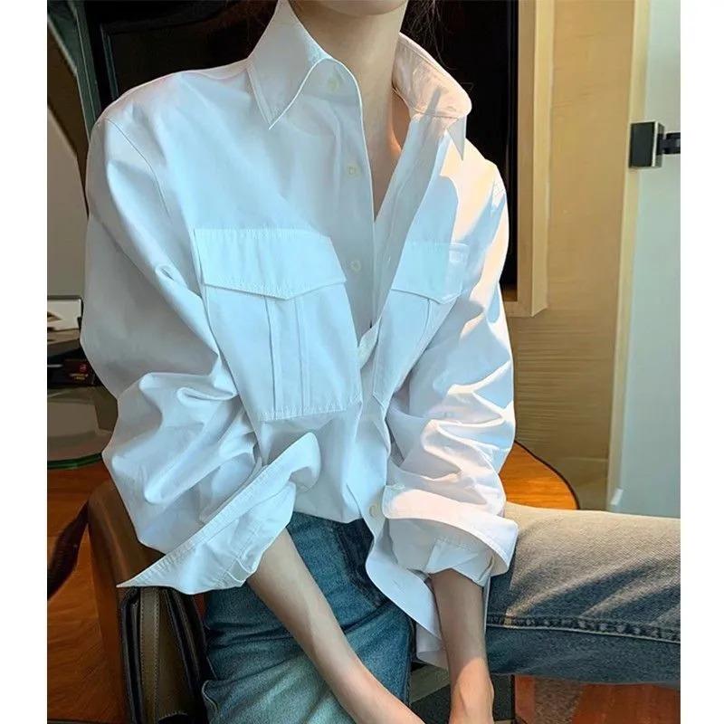 

White Oversized Cargo Shirt Double Pocket Long Sleeve Blouse Casual Daily Top For Women S білий