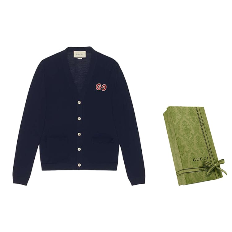 GUCCI GUCCI GG Embroidered Wool Cardigan Knitted Top Navy 576815-XKAOW-4440