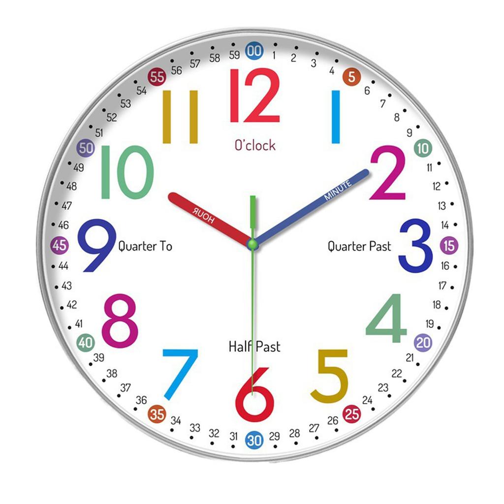 Educational Silent Wall Clock, Colorful Numbers, HD Glass, 25cm, Silent Design, Suitable for Bedrooms and Offices, with Accurate Timekeeping Function