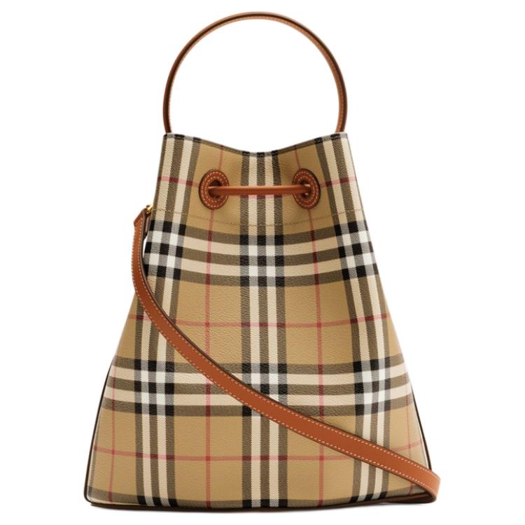 Burberry Check Print Shield Buckle Bucket Bag Women Shoulder Bag Brown 81097951