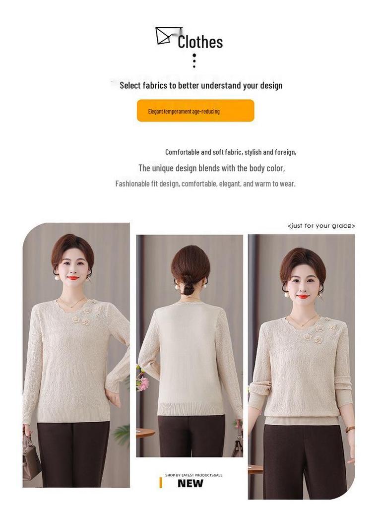 Mom's Versatile Long-Sleeve Knitted Sweater for Middle-Aged and Elderly Women - Elegant Pullover for Spring and Autumn.
