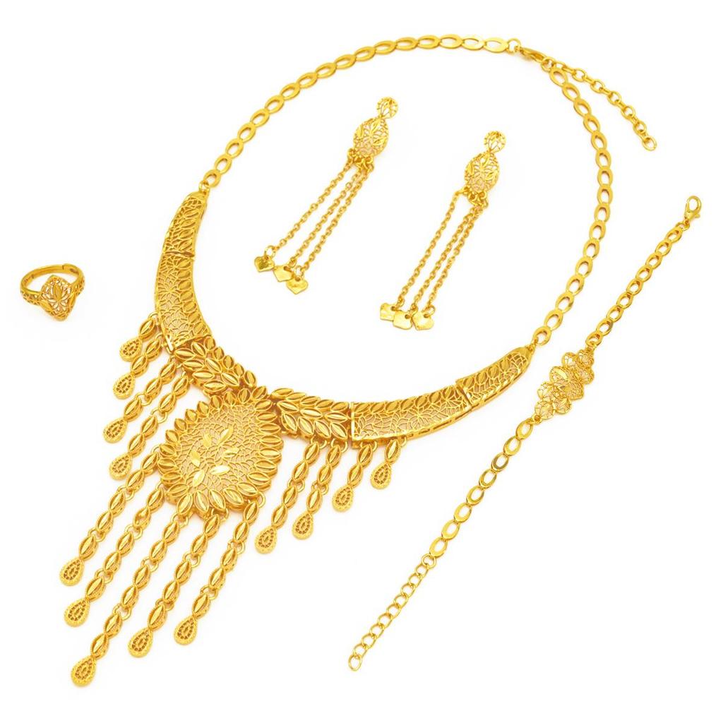 Elegant Arabic Wedding Tassel Necklace Set - 24K Gold-Plated Jewelry, Four-Piece Collection
