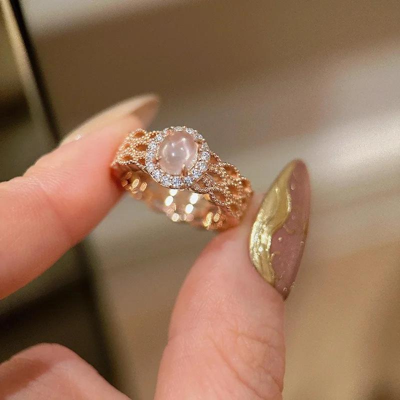 

Высококачественные кольца из полого кружева для женщин Легкая роскошь романтическое розово-золотое Красивое розовое кольцо свадебное Циркон resizable розовый