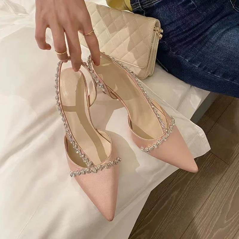NEW Diamond Embellied High Heel Sandals Women's Spring 2025 Pointed Toe Covering Front Hollow out Thin Heel Faionable