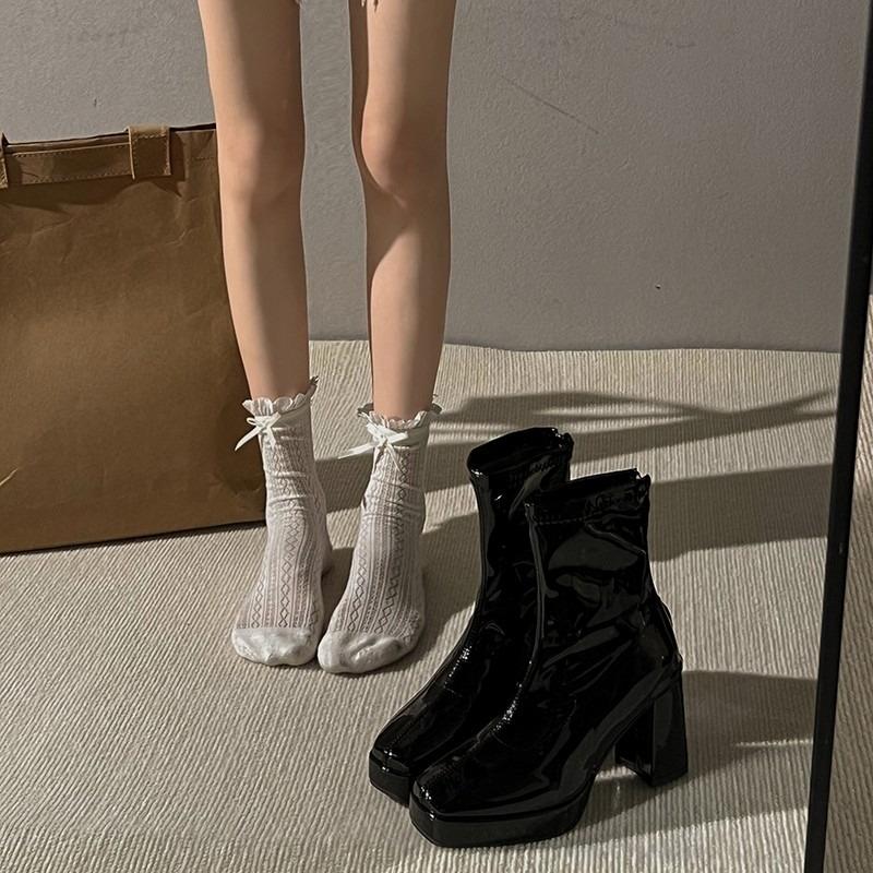 Fashion Temperament Platform High Heel Boots Women's Fashion Round Toe Rear Zipper Patent Leather Shorter Boots