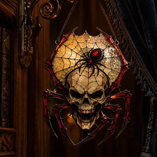Tiffany Style Stained Glass Effect Halloween Wind Chime Skull Spider Suncatcher, Double Side Printed Acrylic Window Hanging Ornaments Ornament,