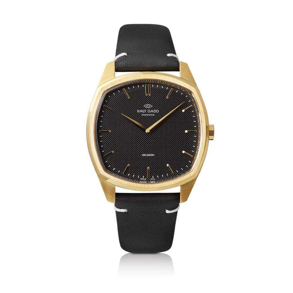 Knut Gadd DECAGON Watch with Gold Black and Black Leather Warranty Men's Case, Dial, Strap, 3-Year