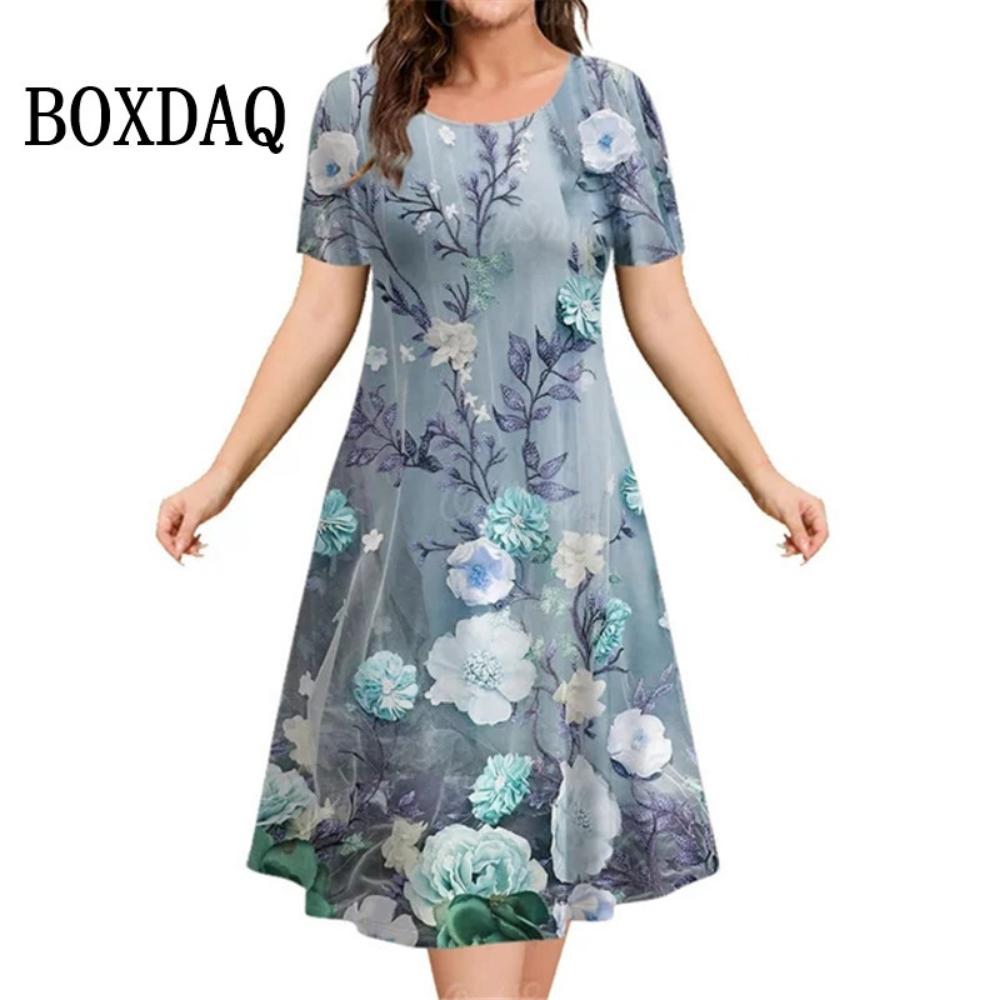 3d Plant Flower Print Women's Dress 2026 Summer Short-sleeved Clothing Casual Loose Retro Dress