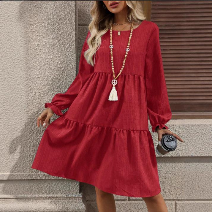 Autumn and winter women's clothing, fashionable and casual solid color long-sleeved crew neck loose dress