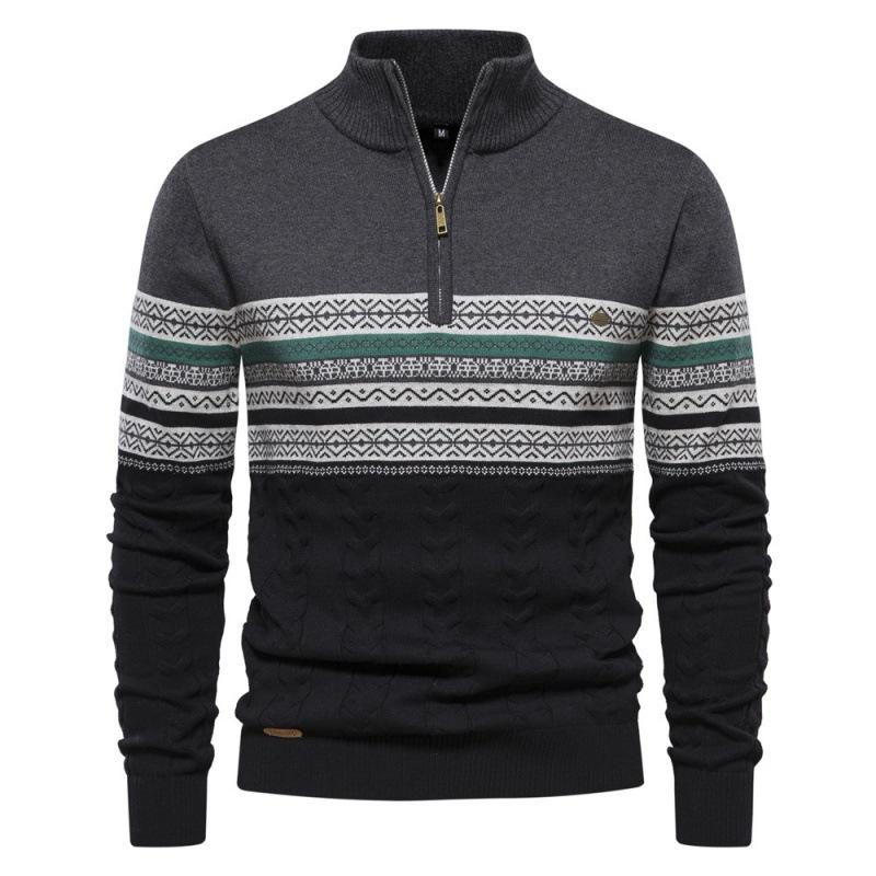 Autumn And Winter New European Style Stand Up Collar Men'S Sweater With Half Zipper Cotton Splicing Casual Knit Sweater
