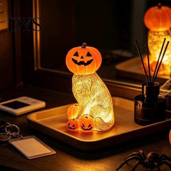 Collectibles for Home Office Lighted Pumpkin Cat Figurine, Spooky Halloween Tabletop Resin Sculpture, Gift Lovers Autumn Fall Ornament Indoor