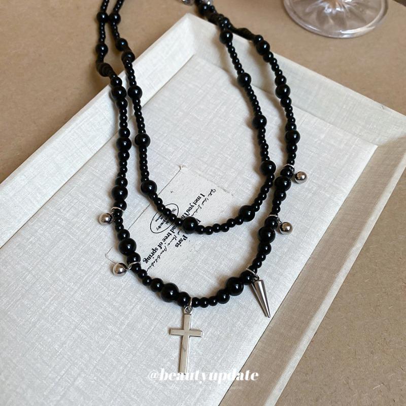 Meier Y2k glass beaded cross pendant necklace - dark aesthetic, unique design, choker style