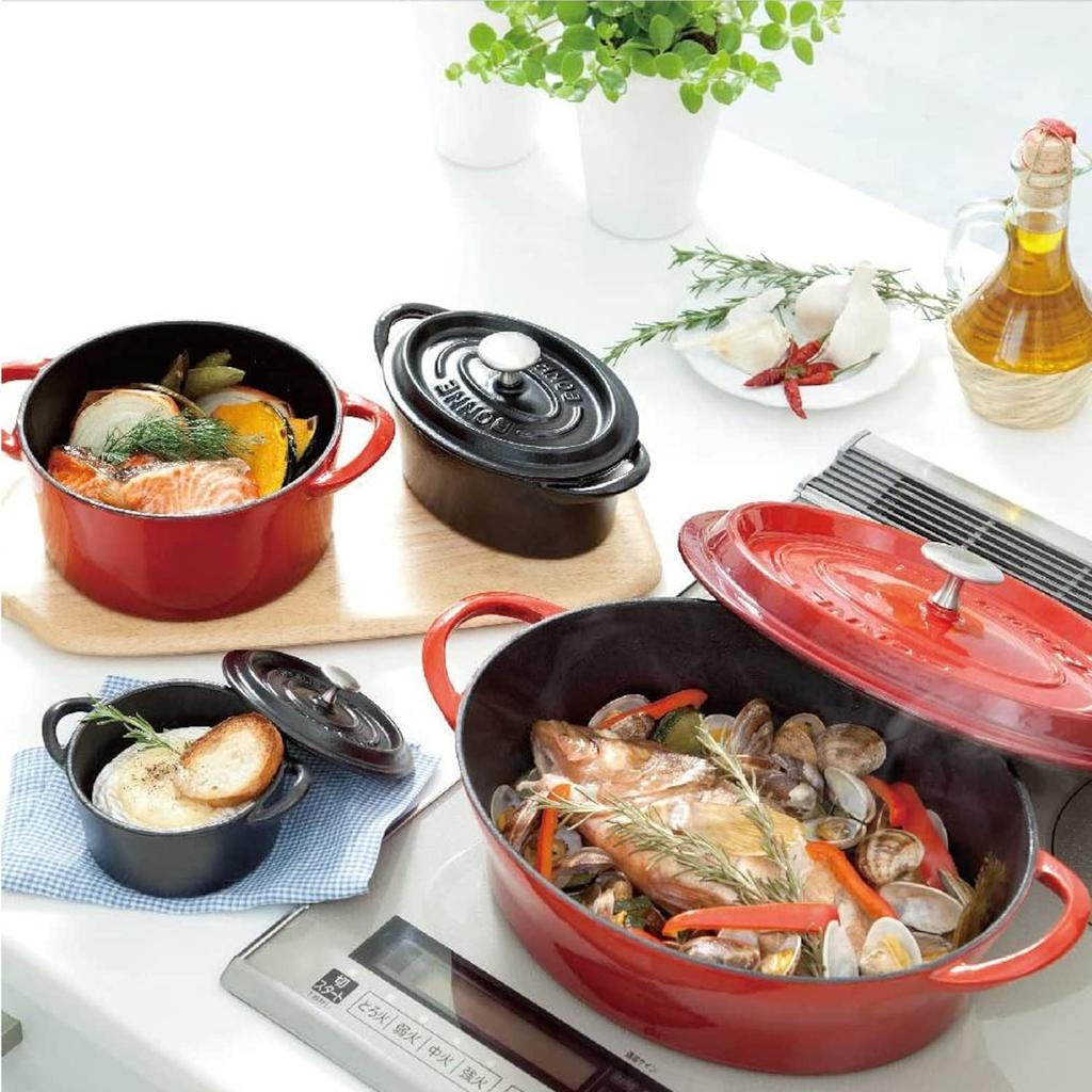 Ishigaki Cast Iron Oval Double-Handled Pot, 14cm (Width 19.1 x Depth 11 x Height 9.3cm), Black, Bon Bonheur Cocotte, Gas Stove and Oven Compatible, 36